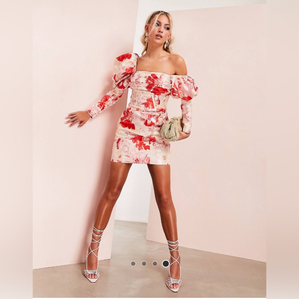ASOS LUXE Puff Sleeve With Fallen Shoulder Mini Dress In Floral Jacquard Size 8